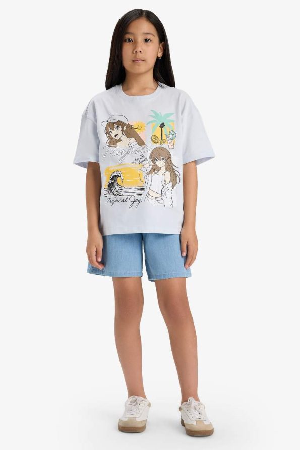 Girls' Oversized Wide Cut Printed Short Sleeve T-Shirt