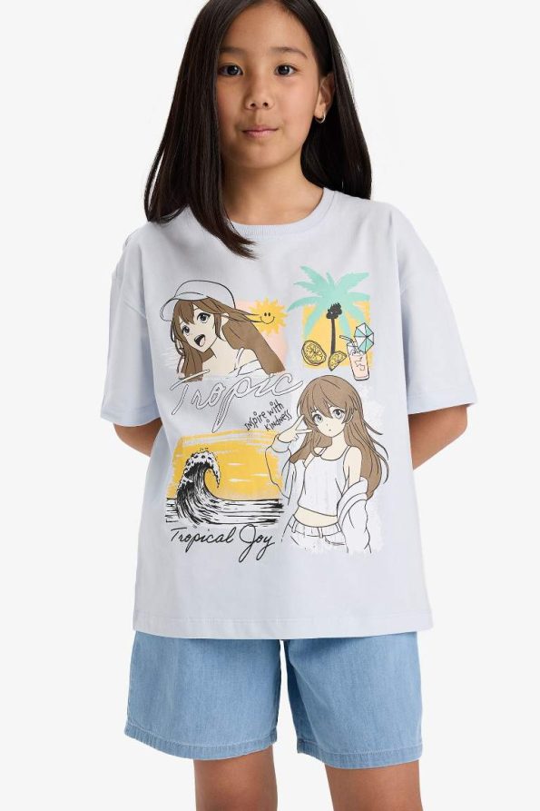 Girls' Oversized Wide Cut Printed Short Sleeve T-Shirt