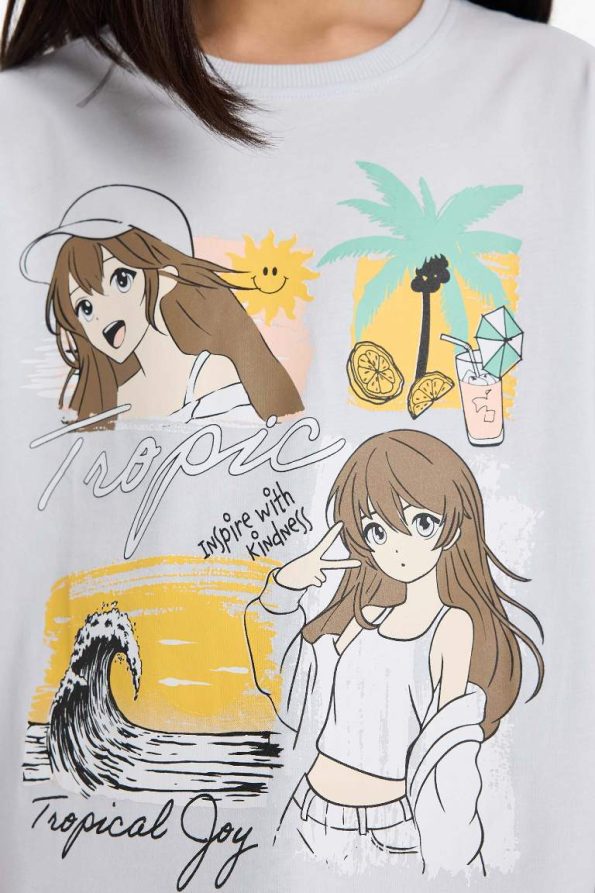 Girls' Oversized Wide Cut Printed Short Sleeve T-Shirt