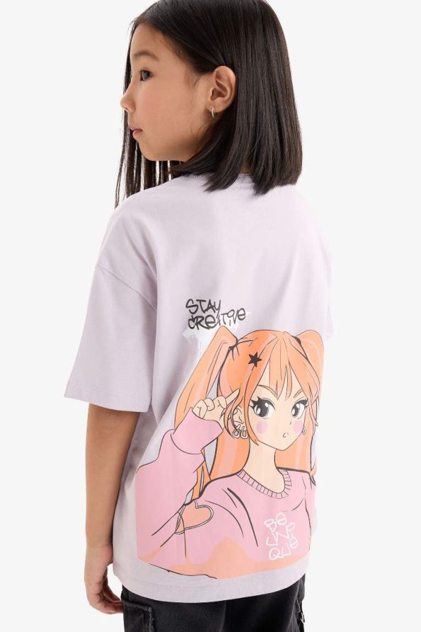 Girls' Oversized Short Sleeve Bicycle Neck T-Shirt with Back Print