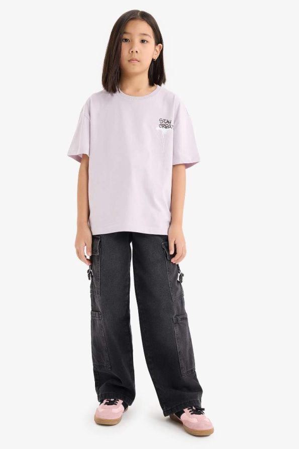 Girls' Oversized Short Sleeve Bicycle Neck T-Shirt with Back Print