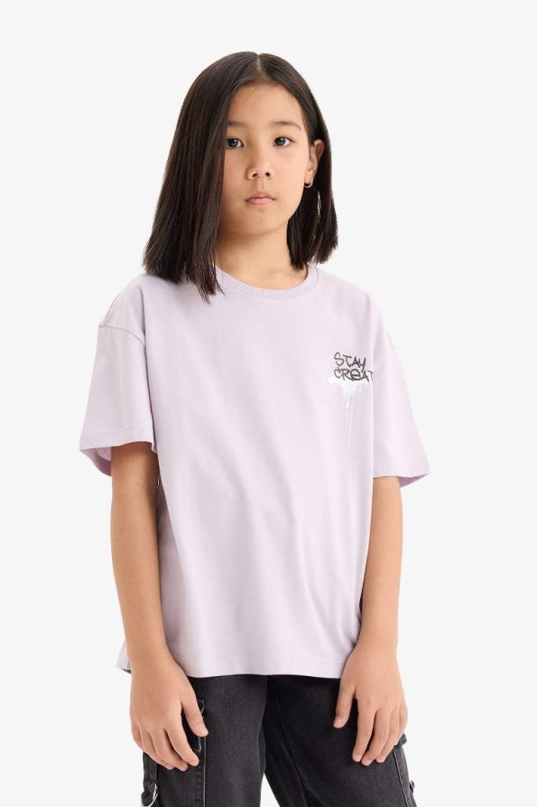 Girls' Oversized Short Sleeve Bicycle Neck T-Shirt with Back Print
