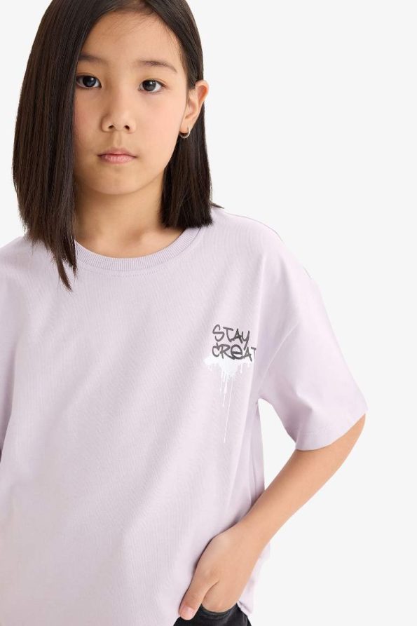 Girls' Oversized Short Sleeve Bicycle Neck T-Shirt with Back Print