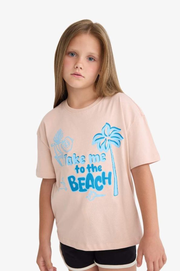 Girls' Relax Fit Crew Neck Printed Short Sleeve T-Shirt
