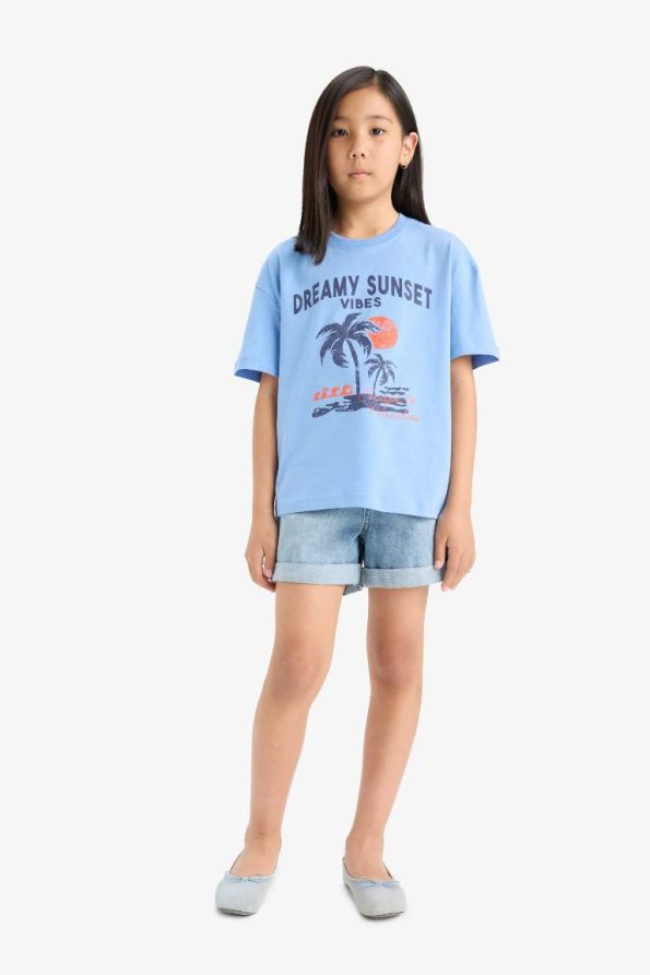 Girls' Relax Fit Crew Neck Printed Short Sleeve T-Shirt