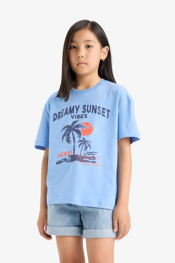 Girls' Relax Fit Crew Neck Printed Short Sleeve T-Shirt