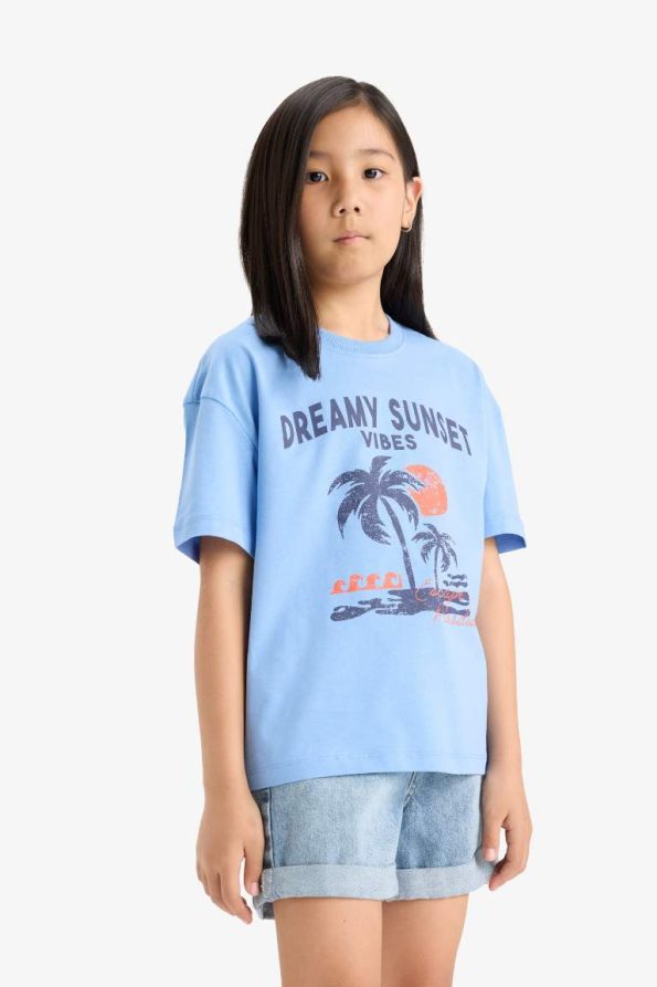 Girls' Relax Fit Crew Neck Printed Short Sleeve T-Shirt