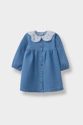 Girls' Long Sleeve Denim Dress with Embroidered Collar