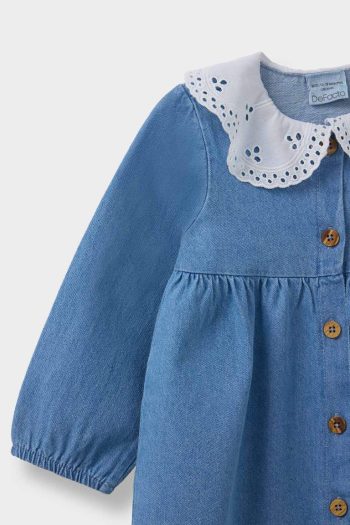Girls' Long Sleeve Denim Dress with Embroidered Collar
