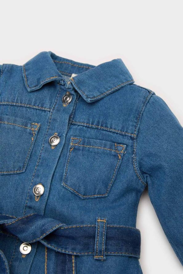 Girls' Long Sleeve Belted Denim Dress with Collar