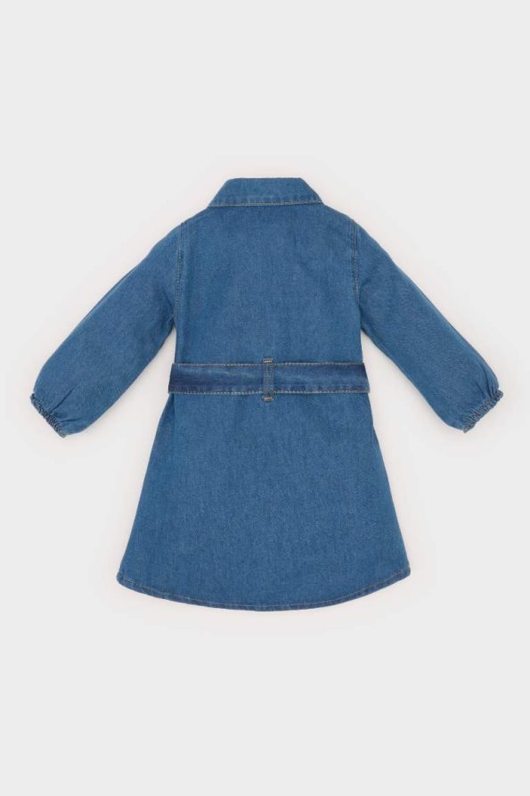 Girls' Long Sleeve Belted Denim Dress with Collar