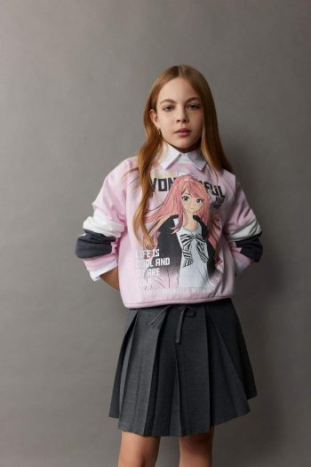 Girls' Relaxed Fit Printed Crew Neck Sweatshirt
