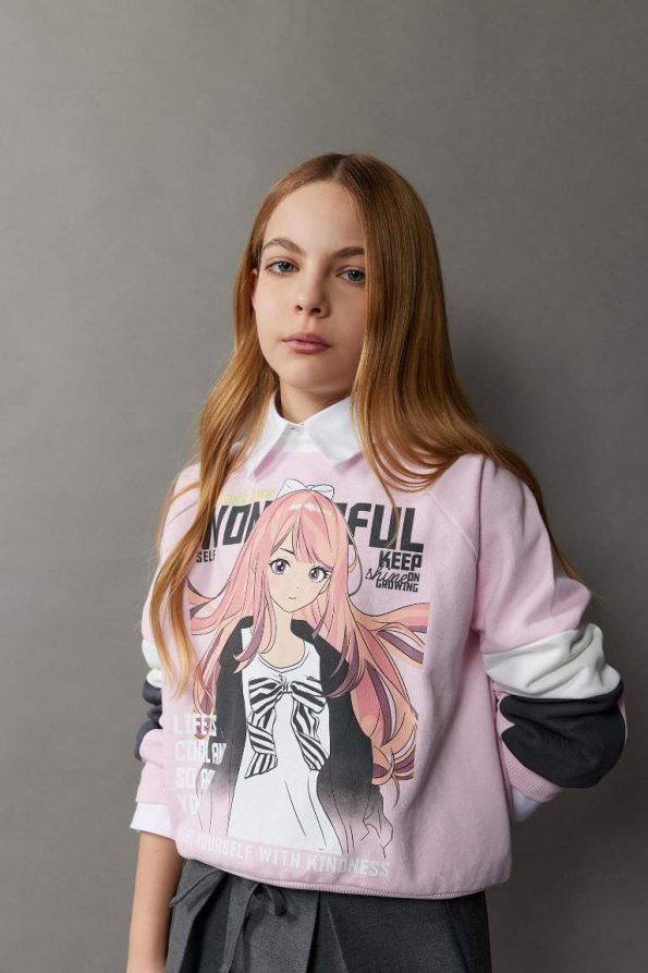 Girls' Relaxed Fit Printed Crew Neck Sweatshirt