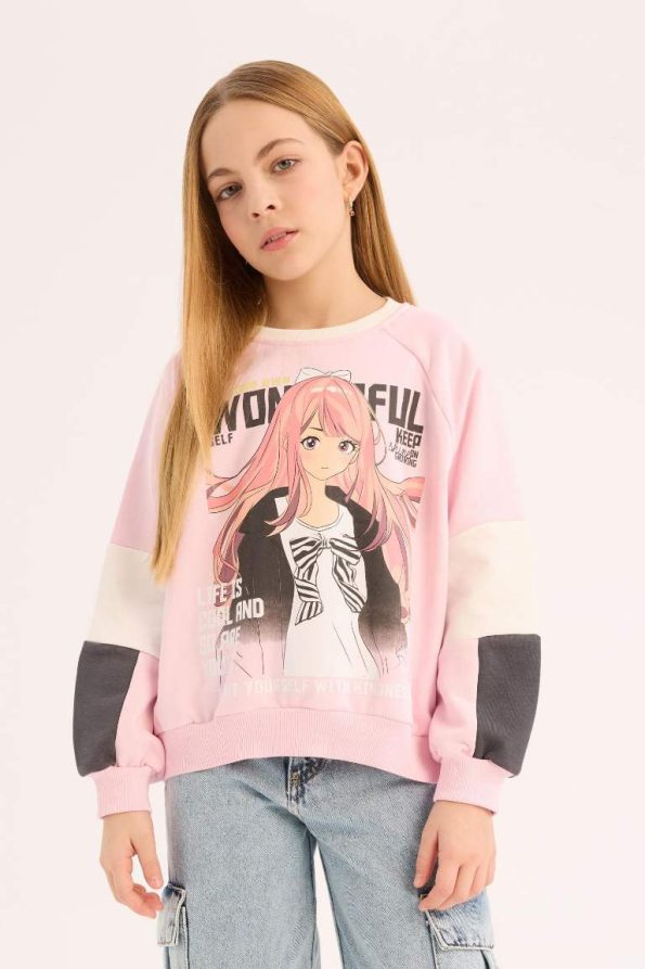 Girls' Relaxed Fit Printed Crew Neck Sweatshirt