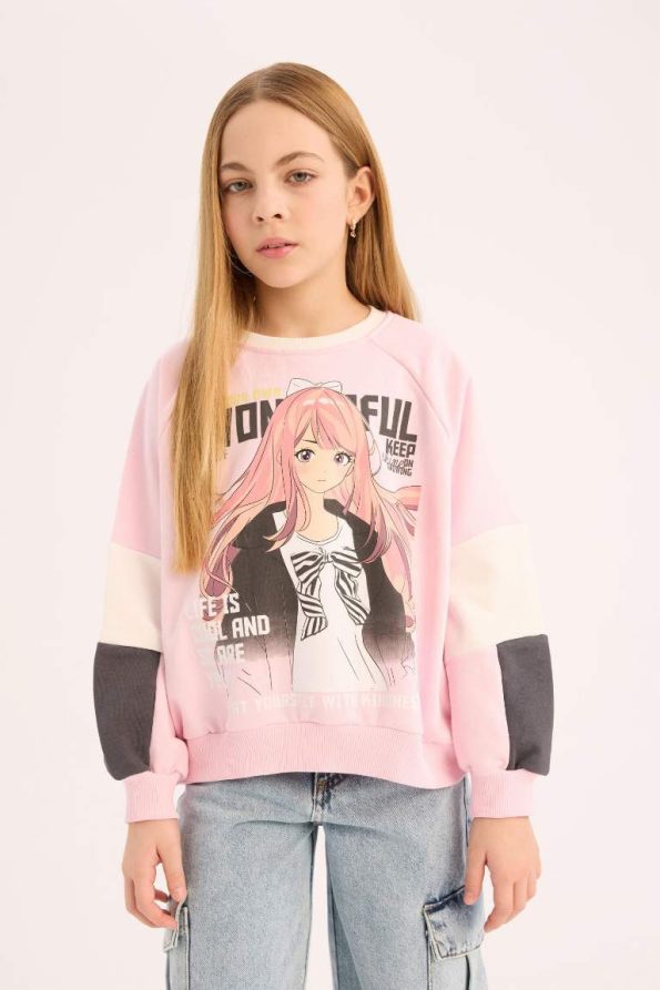 Girls' Relaxed Fit Printed Crew Neck Sweatshirt