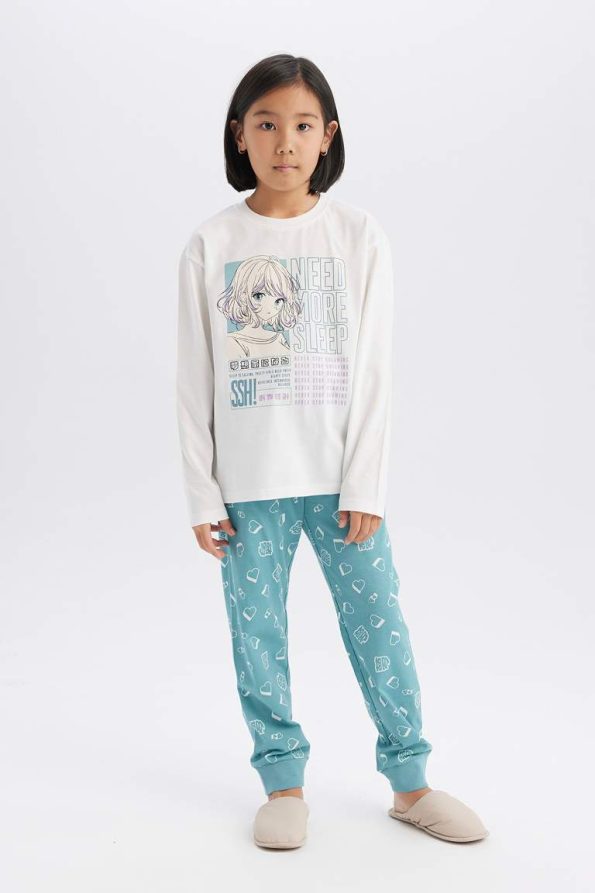 Girls' Long Sleeve Pajama Set with Elastic Waist Pants