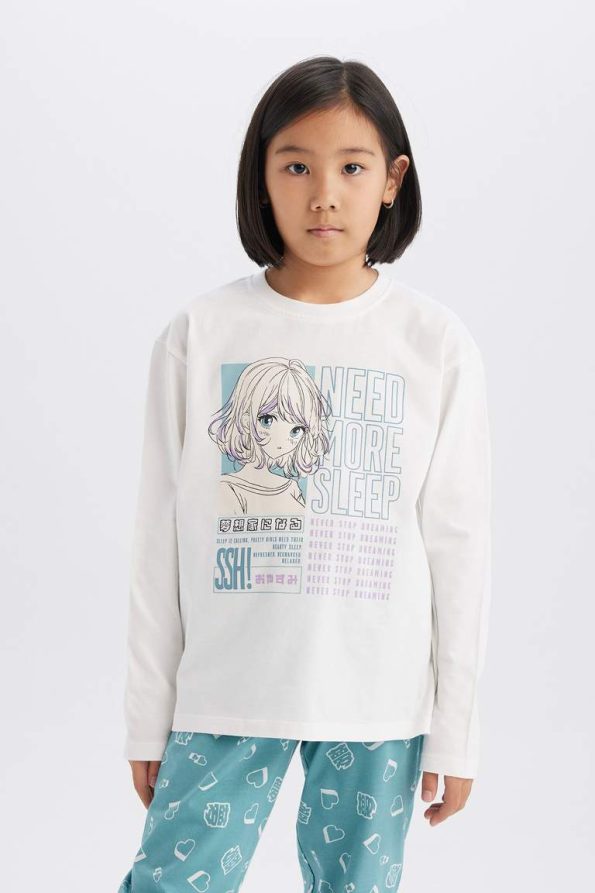 Girls' Long Sleeve Pajama Set with Elastic Waist Pants