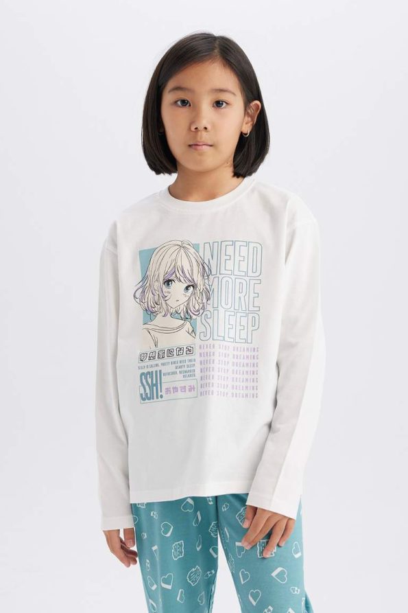 Girls' Long Sleeve Pajama Set with Elastic Waist Pants