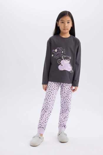 Girls' Printed Long Sleeve Pajama Set with Elastic Waist Pants