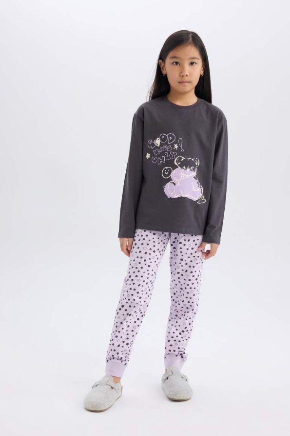 Girls' Printed Long Sleeve Pajama Set with Elastic Waist Pants