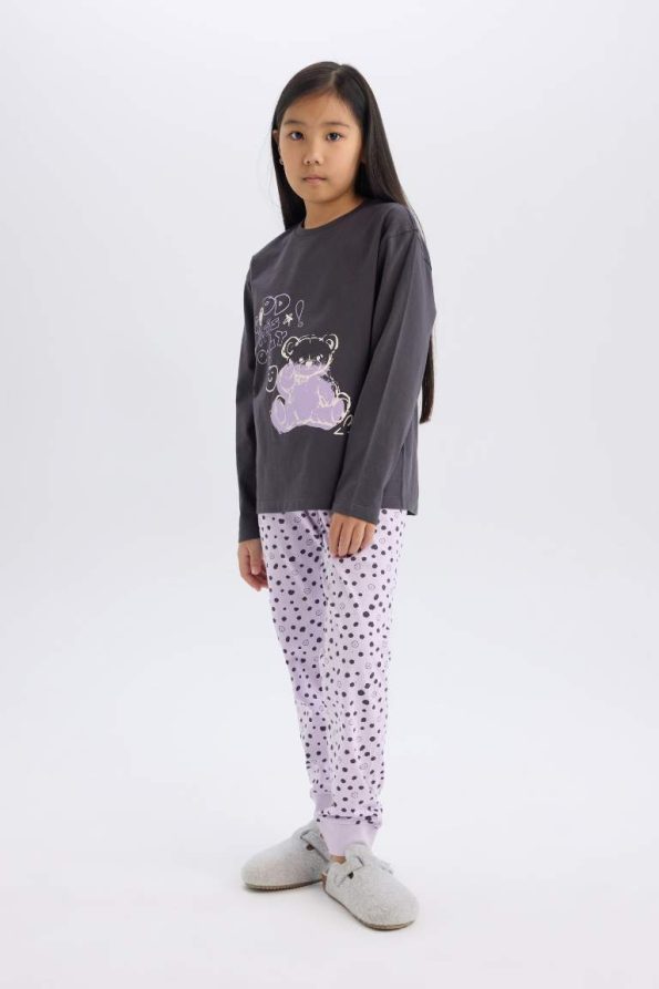 Girls' Printed Long Sleeve Pajama Set with Elastic Waist Pants