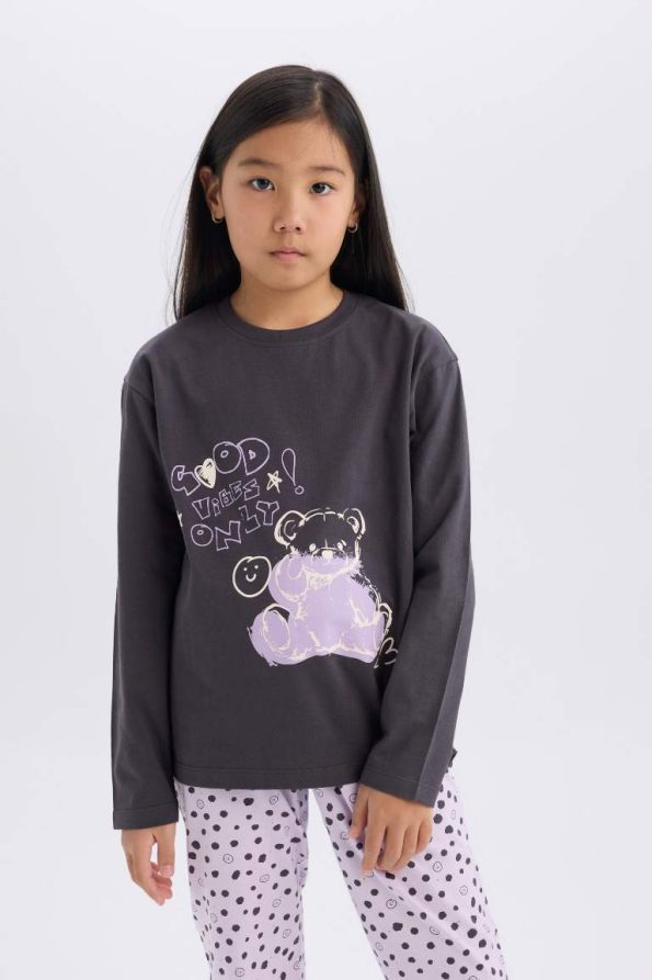 Girls' Printed Long Sleeve Pajama Set with Elastic Waist Pants