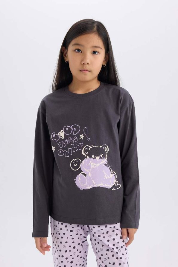 Girls' Printed Long Sleeve Pajama Set with Elastic Waist Pants