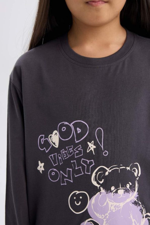 Girls' Pajama Set with Printed Long Sleeve Top and Patterned Long Pants