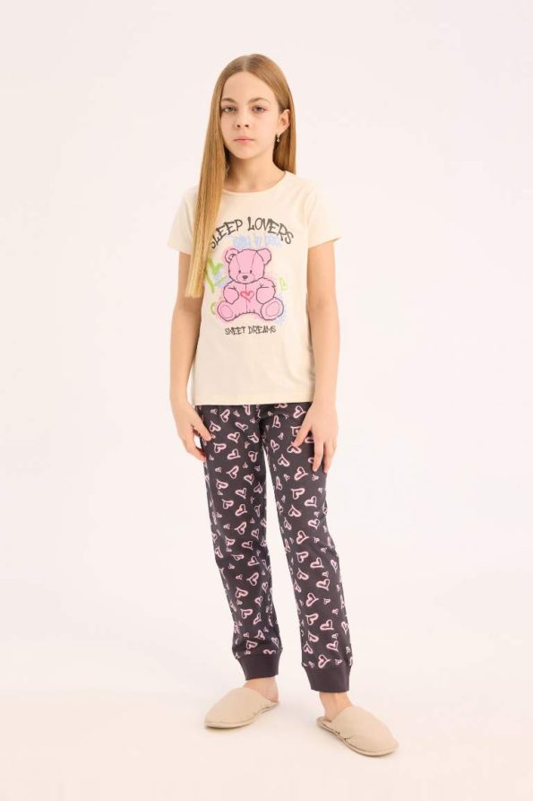 Girls' Pajama Set with Printed Short Sleeve Top and Elastic Waist Pants