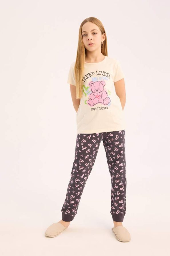 Girls' Pajama Set with Printed Short Sleeve Top and Elastic Waist Pants