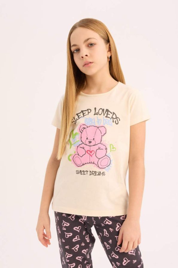 Girls' Pajama Set with Printed Short Sleeve Top and Elastic Waist Pants