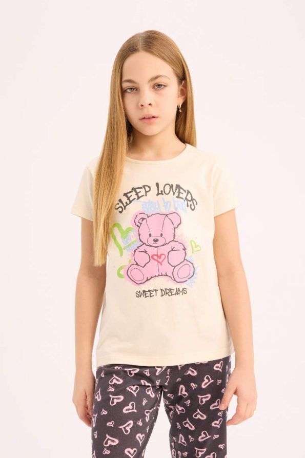 Girls' Pajama Set with Printed Short Sleeve Top and Elastic Waist Pants