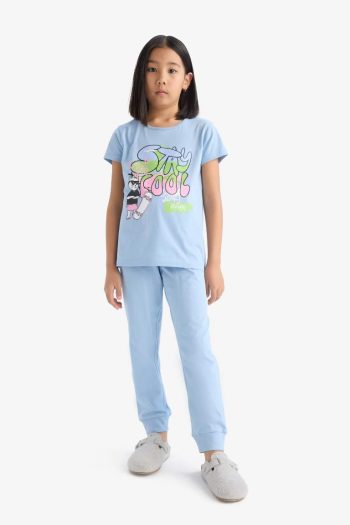 Girls' Short Sleeve Printed Pajama Set with Elastic Waist Long Pants
