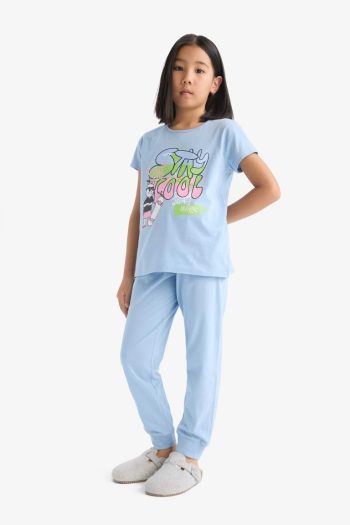 Girls' Short Sleeve Printed Pajama Set with Elastic Waist Long Pants