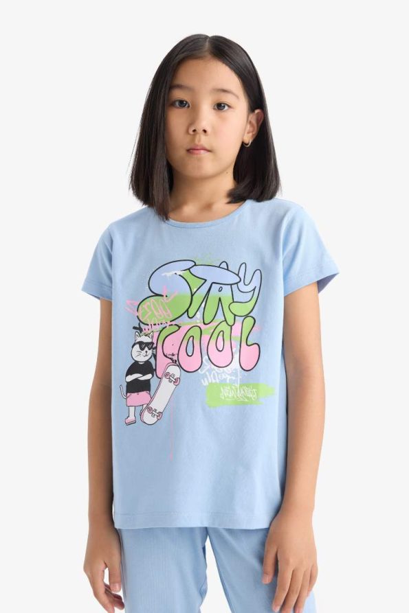 Girls' Short Sleeve Printed Pajama Set with Elastic Waist Long Pants