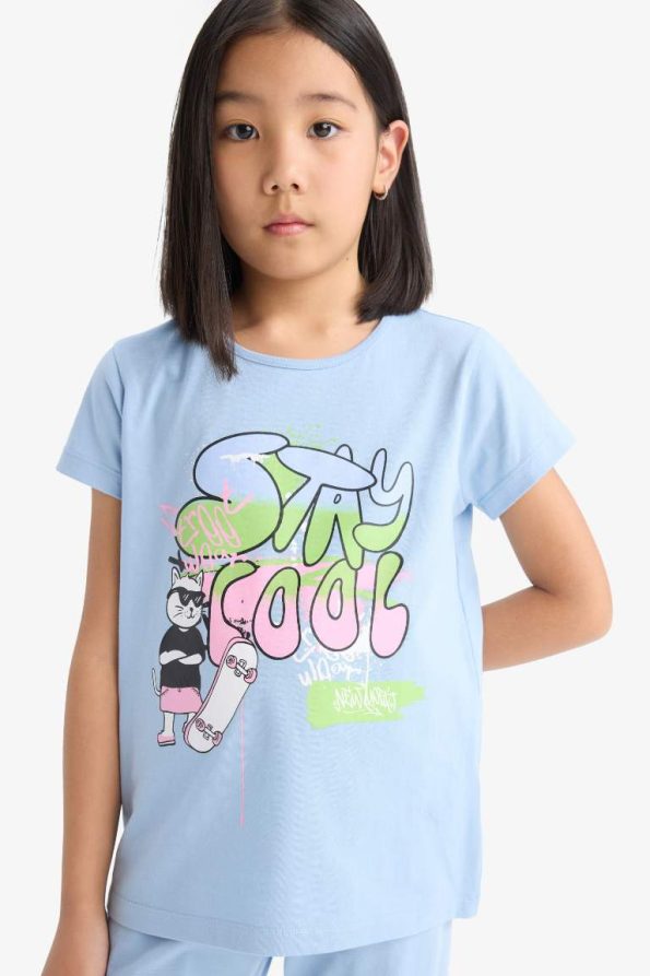 Girls' Short Sleeve Printed Pajama Set with Elastic Waist Long Pants
