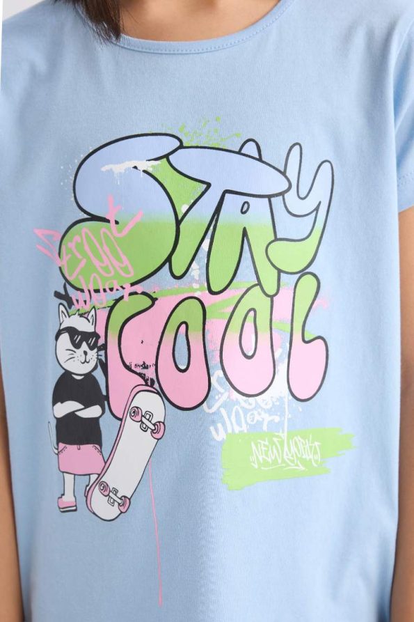 Girls' Short Sleeve Printed Pajama Set with Elastic Waist Long Pants