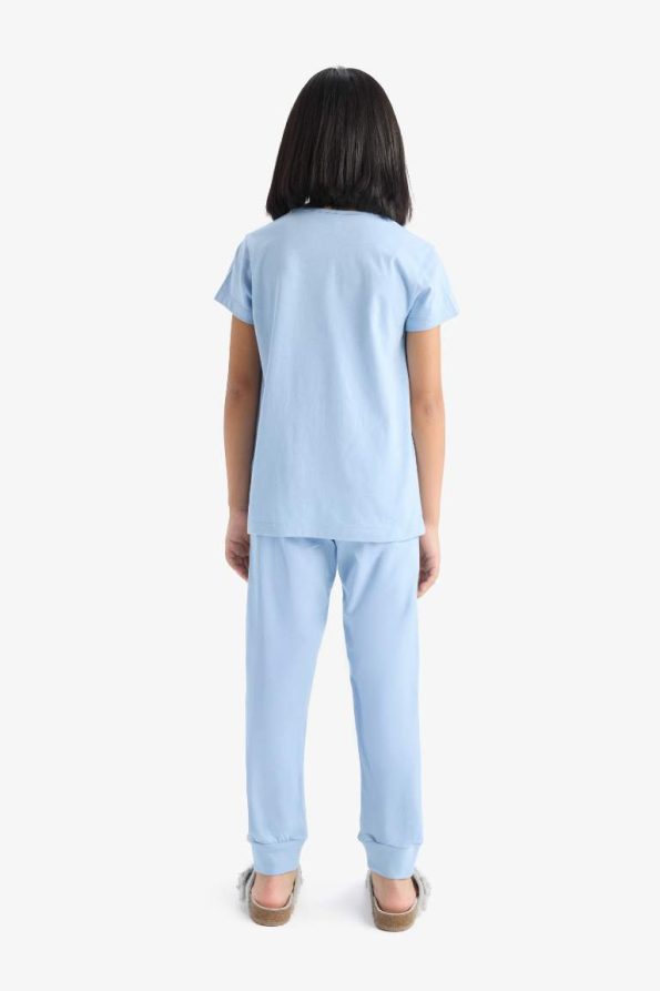 Girls' Short Sleeve Printed Pajama Set with Elastic Waist Long Pants