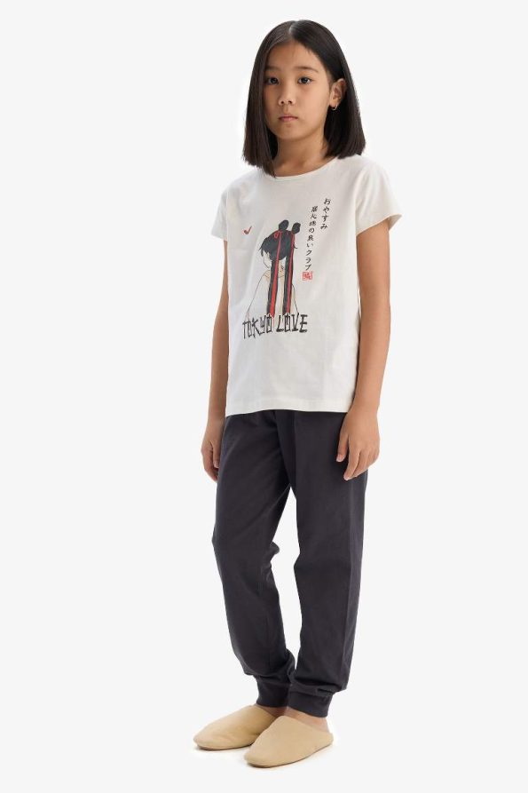 Girls' Printed Pajama Set with Short Sleeves and Elastic Waist Long Pants