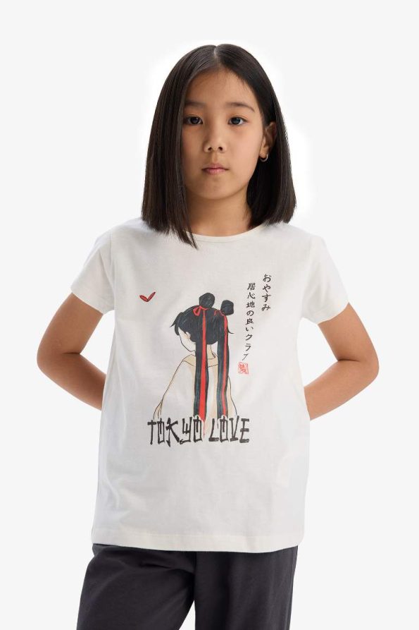 Girls' Printed Pajama Set with Short Sleeves and Elastic Waist Long Pants