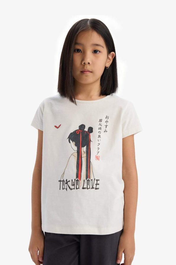Girls' Printed Pajama Set with Short Sleeves and Elastic Waist Long Pants