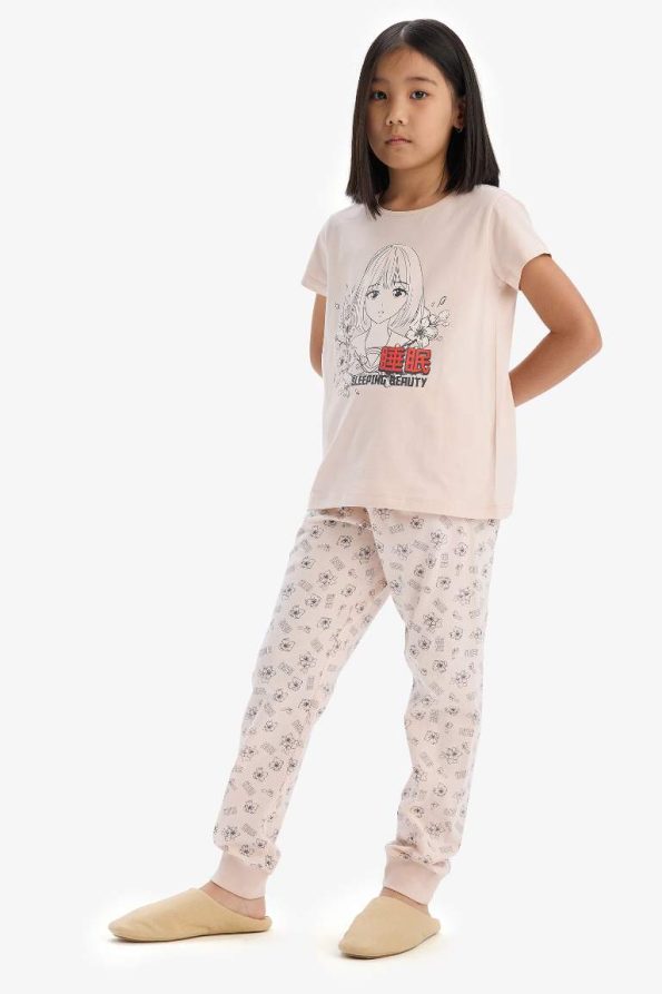 Girls' Printed Pajama Set with Short Sleeve Top and Elastic Waist Long Bottoms