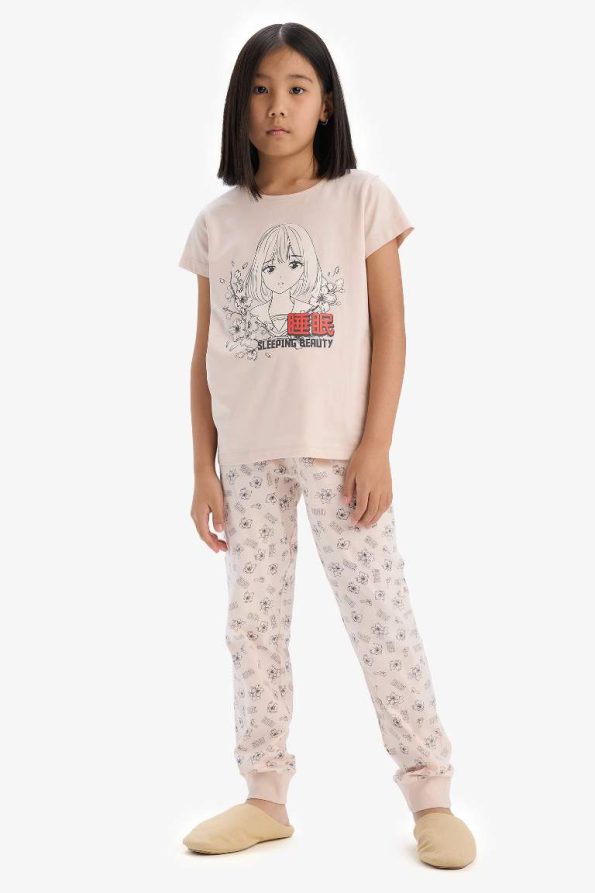 Girls' Printed Pajama Set with Short Sleeve Top and Elastic Waist Long Bottoms