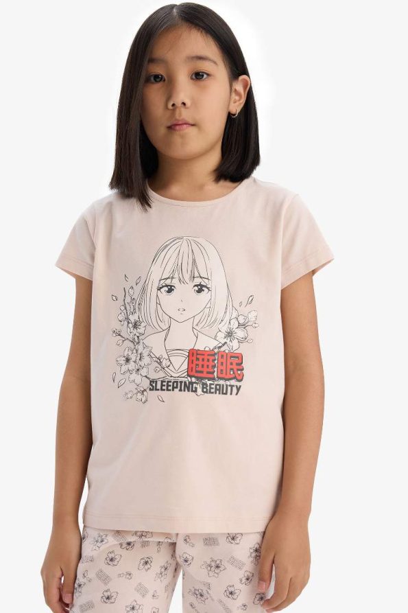 Girls' Printed Pajama Set with Short Sleeve Top and Elastic Waist Long Bottoms