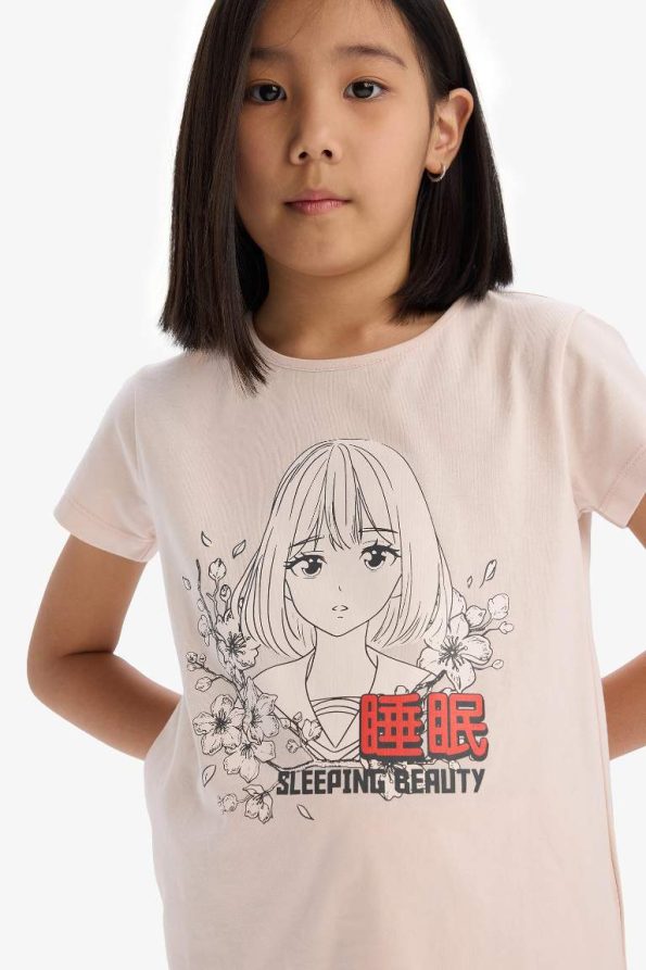Girls' Printed Pajama Set with Short Sleeve Top and Elastic Waist Long Bottoms