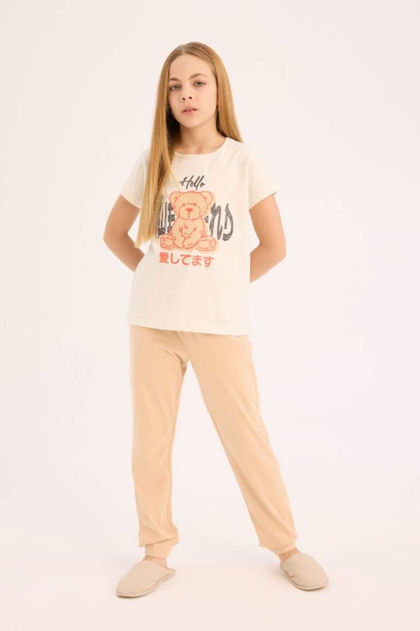 Girls' Printed Pajama Set with Short Sleeves and Elastic Waist Long Pants