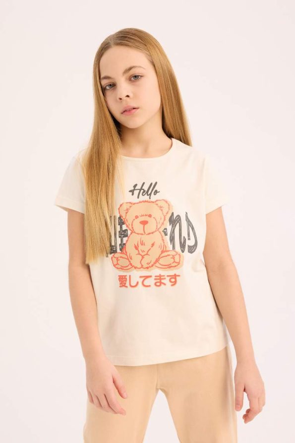 Girls' Printed Pajama Set with Short Sleeves and Elastic Waist Long Pants