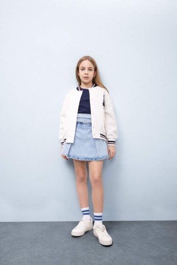 Girls' College Collar Snap-Button Printed Bomber Jacket
