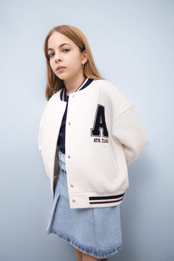Girls' College Collar Snap-Button Printed Bomber Jacket