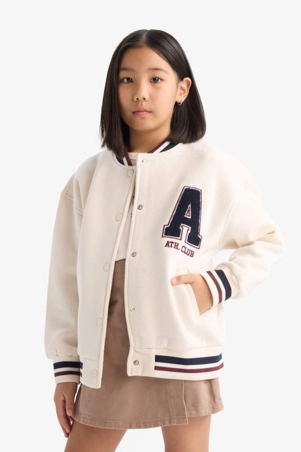 Girls' College Collar Snap-Button Printed Bomber Jacket